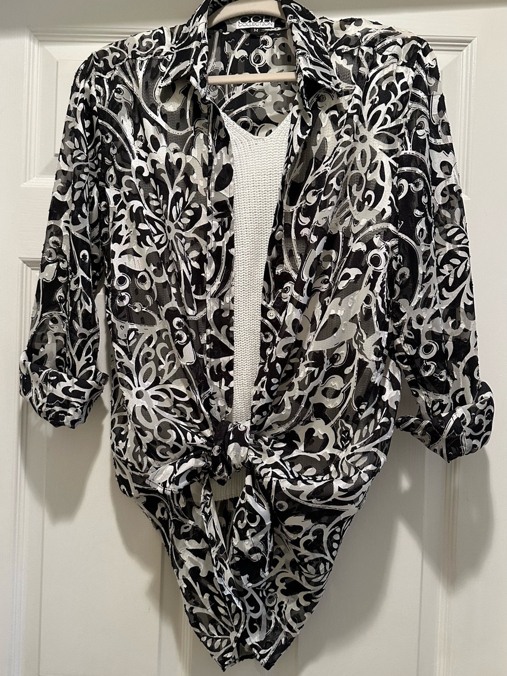 Black & White Sheer Floral Button-Front Blouse